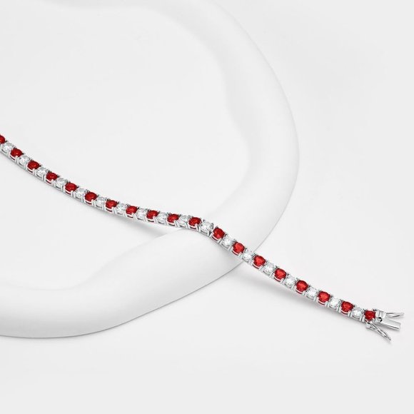 Alternating Round Lab-Grown Ruby and Diamond Tennis Bracelet 11Ct Red Ruby Lab Diamond Tennis Bracelet 4mm 18K White Gold 925 Sterling Silver